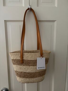 NWT Bembien Mini Biembo Beige & Brown Straw Tote with Tan Leather Straps